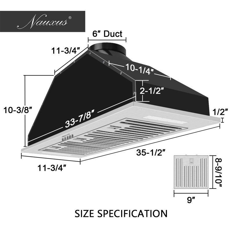 Nauxus 35.5 " W Stainless Steel 600 CFM Ducted (Vented) Insert Range Hood with Baffle Filter
