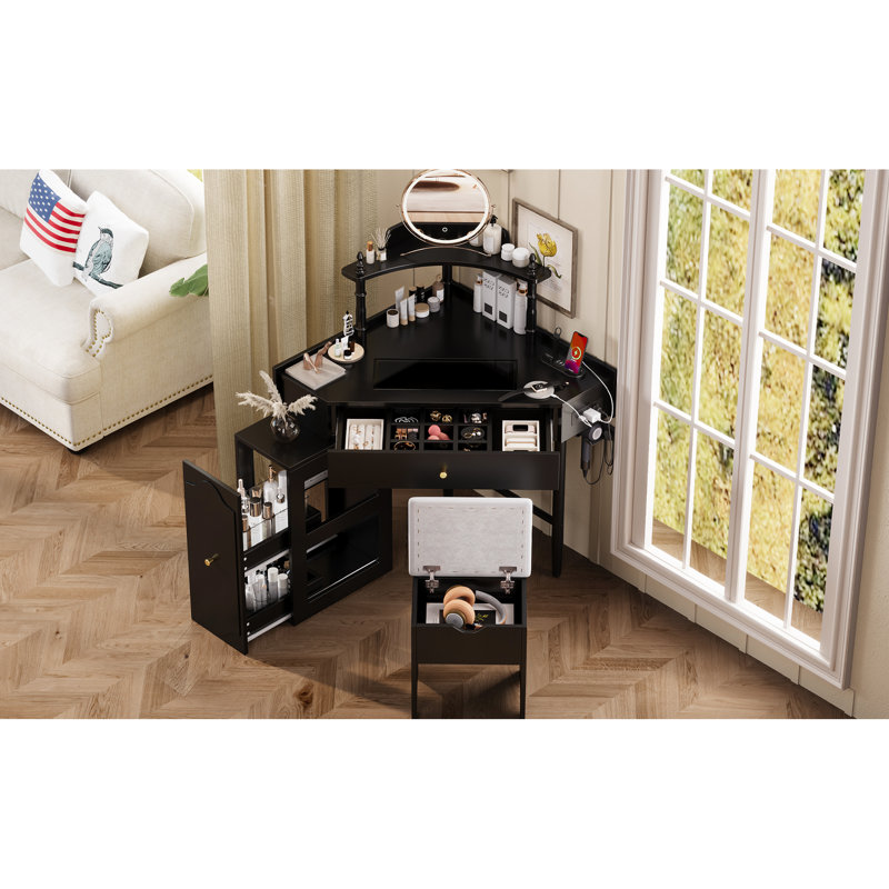Meuble-lavabo de coin avec station de charge, plateau de table en verre, armoire amovible et rangement pour tabouret de maquillage noir, coussin de table