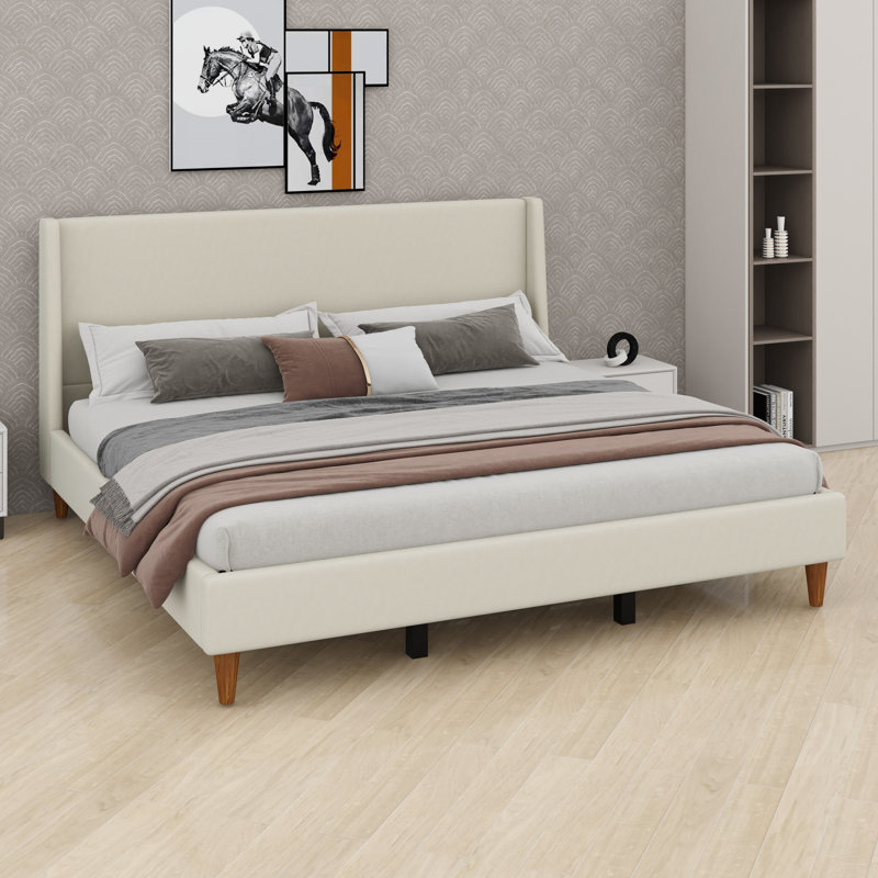 Lit plateforme moderne avec revêtement, conception à oreilles et pieds en bois, Beige