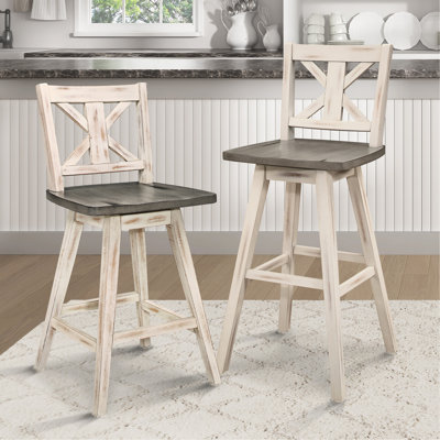 Of 2 Rustic Counter Height Swivel Chairs, Solid Wood Dining Furniture , Rubberwood, Style 360
