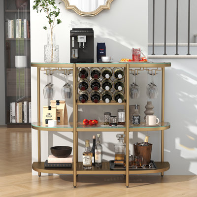 Itasca Metal Wine Bar Stand with 4-Tier Storage, Tempered Glass Wine Rack Table with Glass Holders