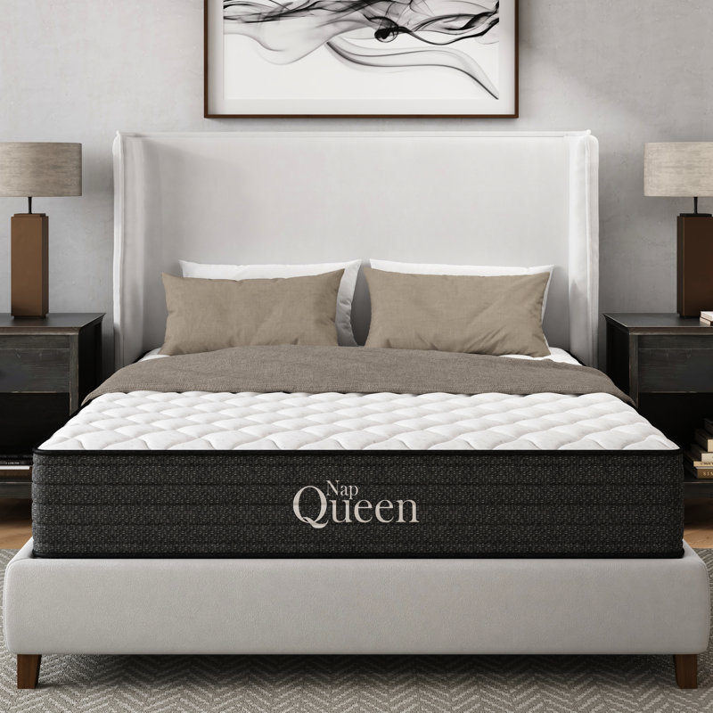Matelas King de 12 pouces en gel rafraîchissant, pour un soutien thoracique optimal, un soulagement des douleurs, une excellente adhérence au transfert de mouvement, imperméable, coloris gris et blanc, garni de mousse à mémoire de forme et doté d'une structure à ressorts, compatible avec les sommiers articulés.