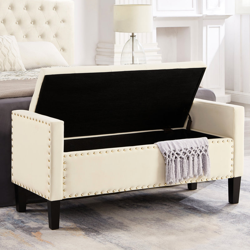 Banc de rangement rembourré en velours Bench-24-1.4, Crème