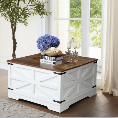 Coffee Table with Storage, Farmhouse Square Storage Coffee Table with Hinged Lift Top, Square Wood Center Table, Cocktail Table with Large Hidden Storage Compartment for Living Room