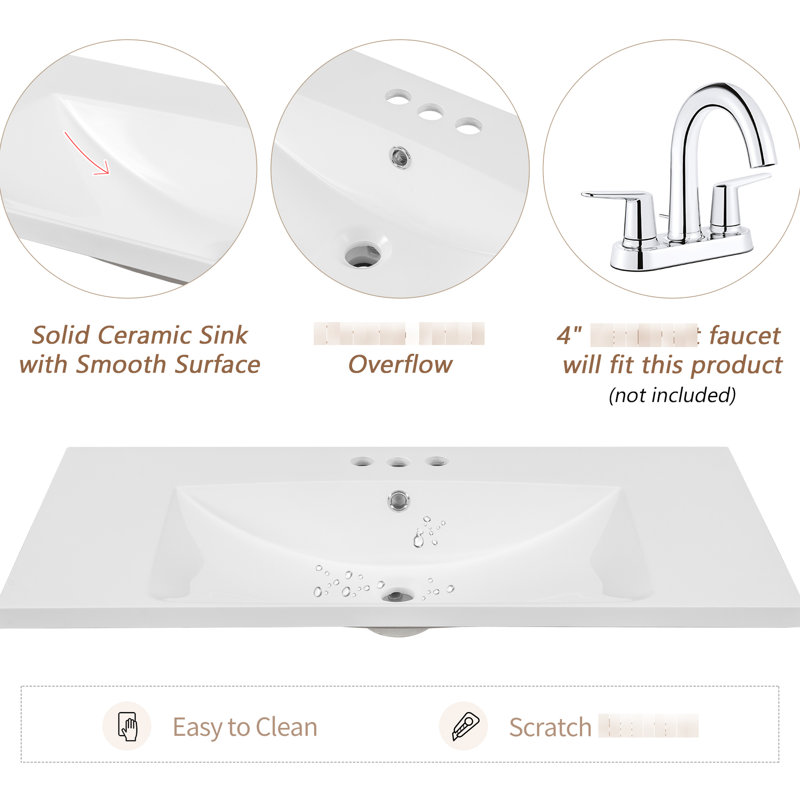 36" Ceramic Bathroom Vanity Surface With White Sink Basin, 3 Pre-Drilled Holes, Modern Look, 18" D X 6.6" H, Easy Assembly Top, Ceramic, White, Hard To Leave Water Stains