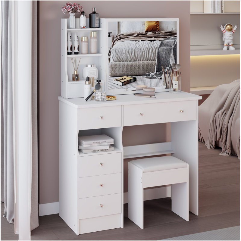37" Middle Size Left Drawer Desktop Vanity Table + Cushioned Stool, Extra Large Right Sliding Mirror, Multi Layer High Capacity Storage, Practical Fashionable Dresser, Suitable For Large Space