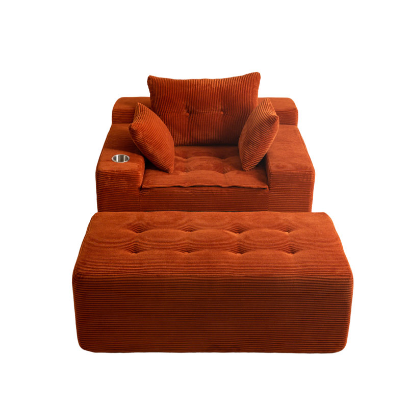 Orange Corduroy Bean Bag Sofa With Ottoman, Orange Corduroy