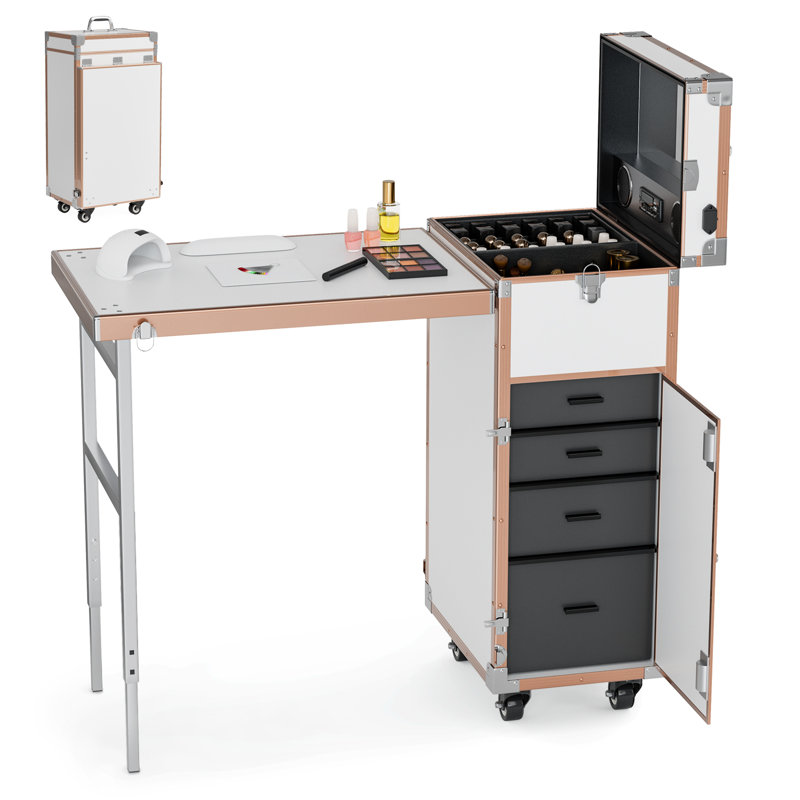 Manicure Trolley with Table, White Foldable Traveling Nail Desk w/Storage, Worktable and Mirror