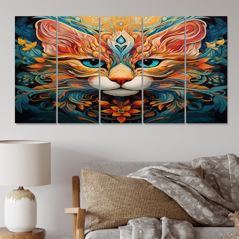 Chat cosmique bleu sarcelle avec regard mystérieux I - reproduction d'art de chat animal - 5 panneaux égaux