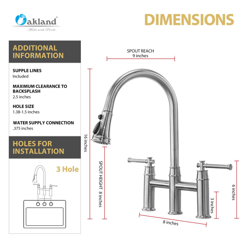 Pull Down Bridge Kitchen Sink Faucet, Two Handle Kitchen Faucet, Brushed Nickel