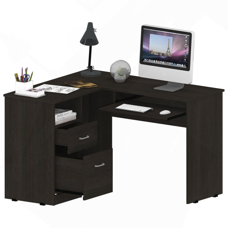 Bureau en L, plateau à clavier, deux tiroirs, une tablette ouverte, noir, Noir