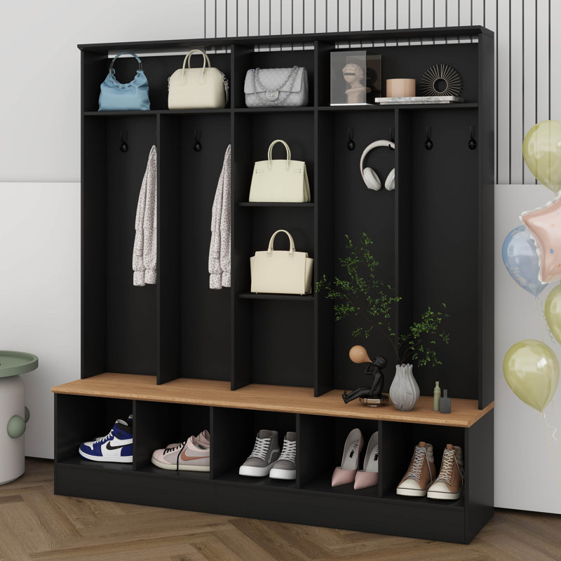 Portemanteau large avec banc de rangement, armoire à chaussures minimaliste avec tablettes de rangement cubiques, portemanteau multifonctionnel avec 8 crochets