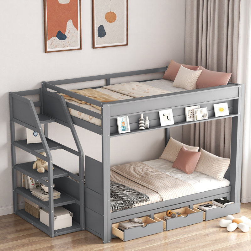 Convertible Bunk Bed With Storage Staircase, Bedside Table And 3 Drawers, Grey
