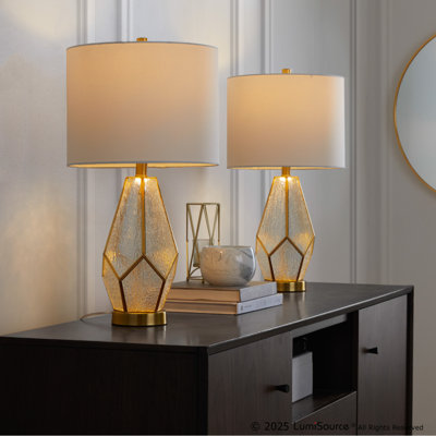Glass 25" Table Lamp in Gold Metal and White Glass with White Linen Shade - Set of 2