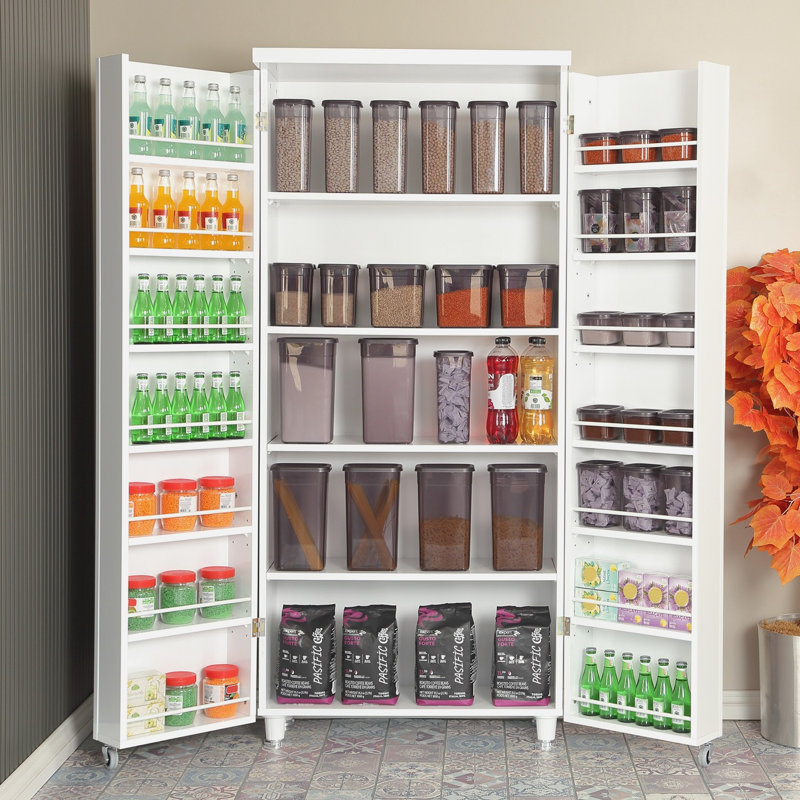 Versatile Multi-Purpose Cabinet, White, 31.5 x 70.9 x 16.5 inches | 100% Chipboard with Numerous Shelves | Wall-Mountable, Additional Storage, Easy Mobility with Wheels | Modern Design for Home & Office Use