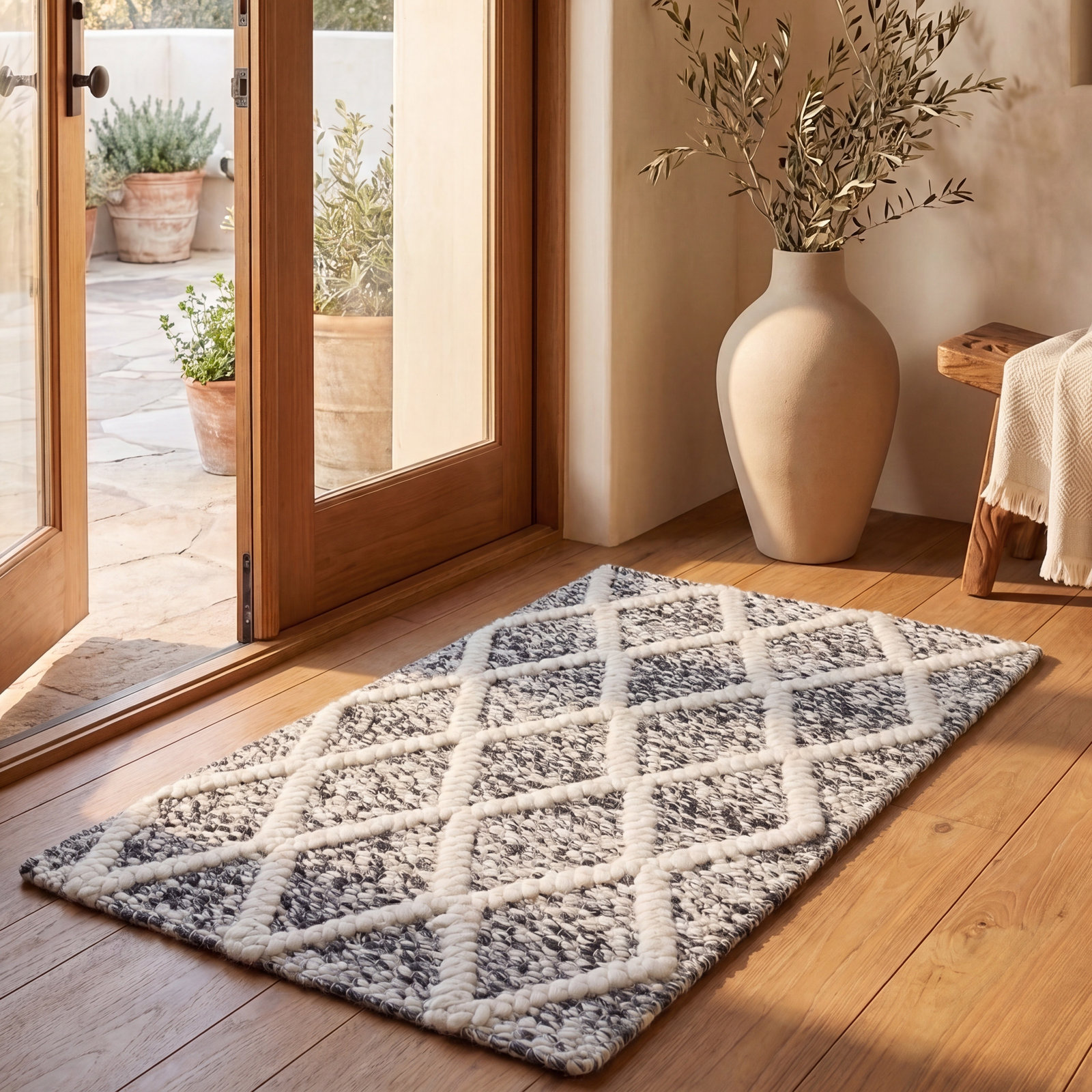 Russo Ivory Black Hand-Woven Geometric Rug, Rectangle 2' x 3'