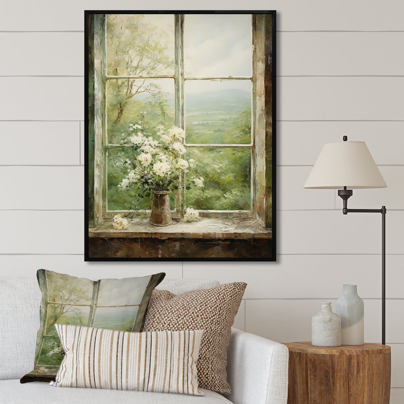 «Countryside Calm Blooms Farm Windows II - Farmhouse Windows», art mural, Cadre flottant noir, H 32 po x l 24 po x P 1 po