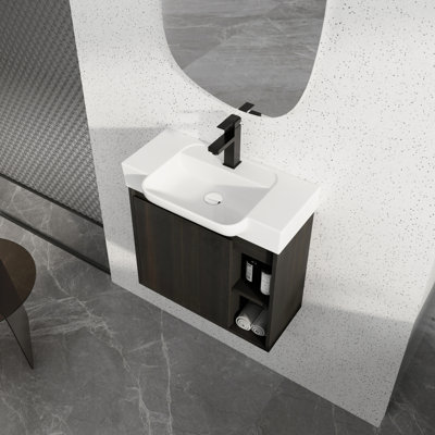 Meuble-lavabo compact flottant en chêne foncé avec lavabo en céramique