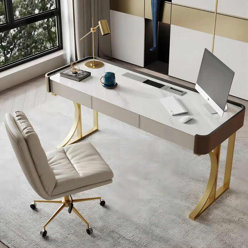 55.12" Rectangular Sintered Stone Saddle Leather Desktop Desk