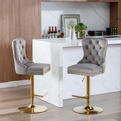 Adjustable Velvet Bar Stools With Tufted Comfort, Modern Style For Home And Kitchen