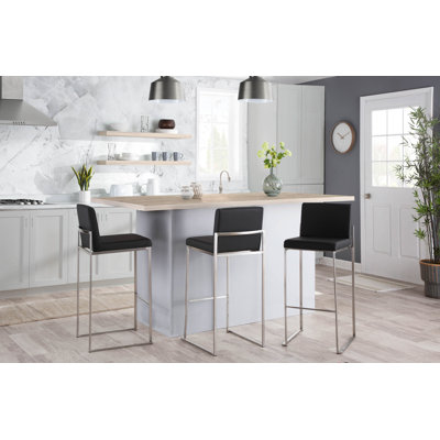 Tabouret de bar 30 po contemporain à dossier haut en acier inoxydable et similicuir noir - ensemble de 3
