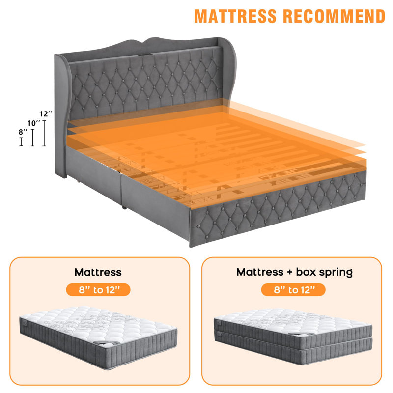 Inha Upholstered Metal Wingback Bed, King
