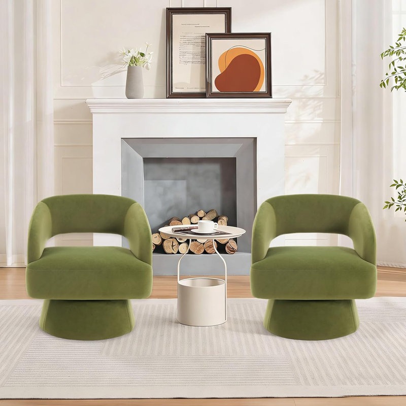 Modern Swivel Barrel Accent Chair, 360° Upholstered Armchair with Striped Backrest & Plush Padding, Green Velvet