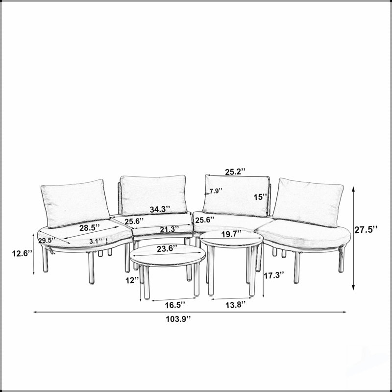 Ensemble de canapé de patio 6 pièces avec canapé modulaire demi-lune, tables basses haute-basse, osier PE, verre trempé et coussins confortables pour l'extérieur