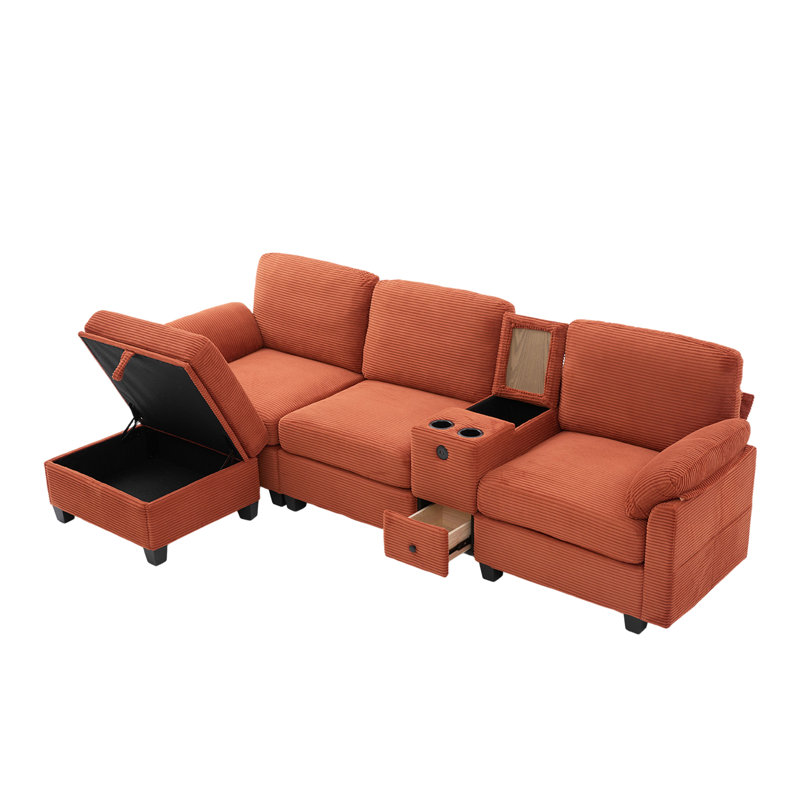 Canapé modulaire avec repose-pieds, Velours côtelé orange