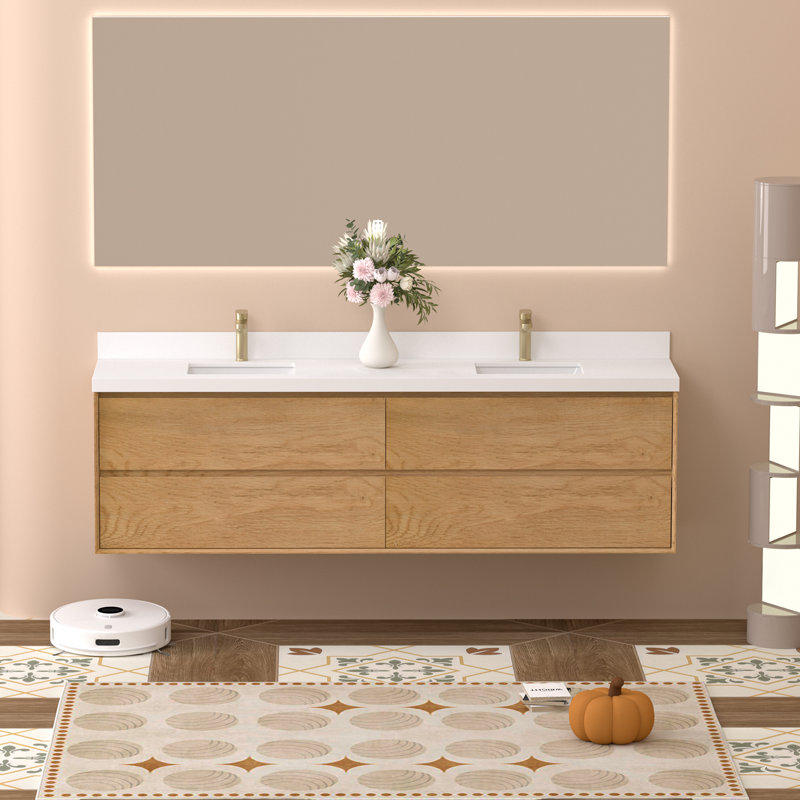 Meuble-lavabo mural double 84 po avec comptoir en pierre de quartz blanc pur et lavabos doubles en céramique