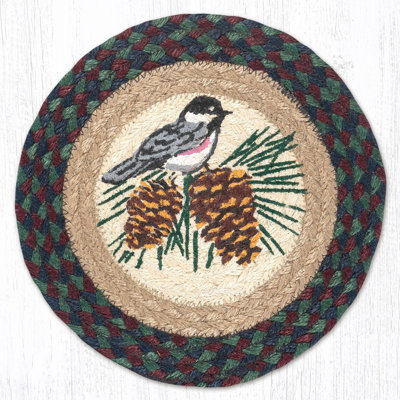  Round Trivet – Chickadee Bird Print on Braided Jute, 10"x10", Rustic Nature-Inspired Design
