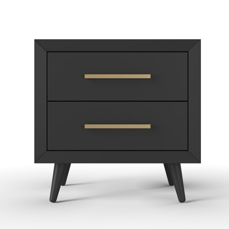 Ebony Pine Wood 2-Drawer Mid-Century Modern Nightstand