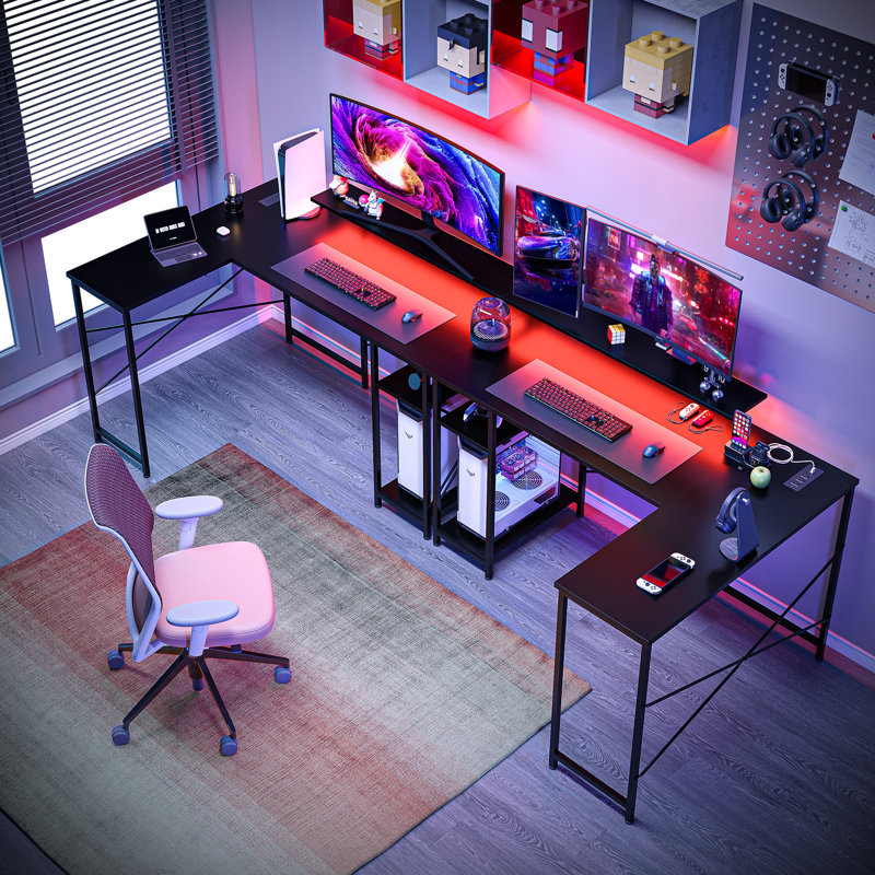 54" L Shaped Computer Desk Corner Office Desk with Power Outlets and Monitor Stand for Home Office
