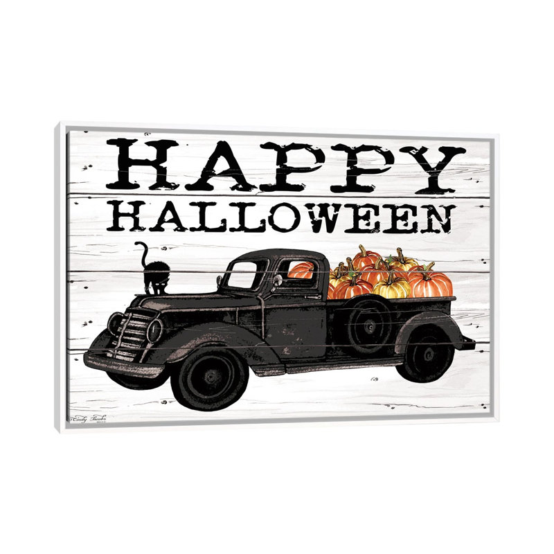 «Happy Halloween Black Truck», reproduction d'art sur toile encadrée, Blanc