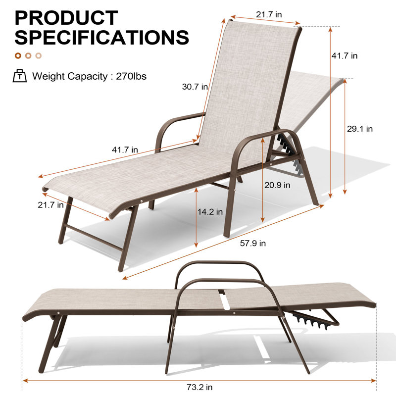 Poultney 60.6'' Aluminum Long Reclining Chaise Lounge Chairs Set, Beige/Brown