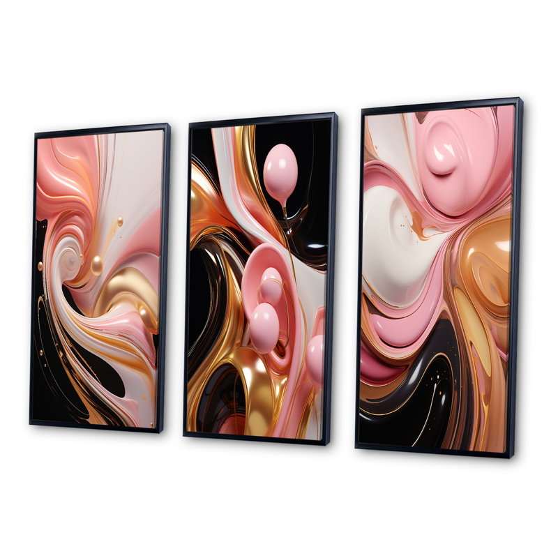 «Whimsical Lquid» rose et or Glam Art - formes abstraites, ensemble de 3 pièces, Cadre flottant noir, H 32 po x l 48 po
