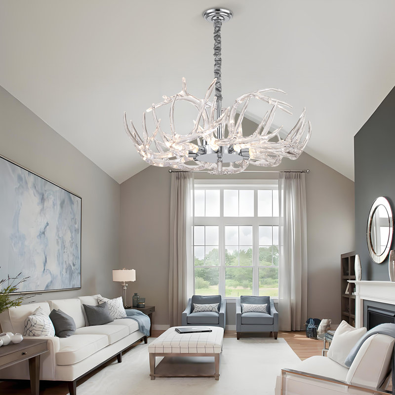 Acrylic Antler Chandelier Ceiling Light Fixtures, Clear Deer Antler Chandelier Lighting, Dimmable Deer Horn Pendant Light - Curved Antler & 31.5" Single Tier 12 Lights