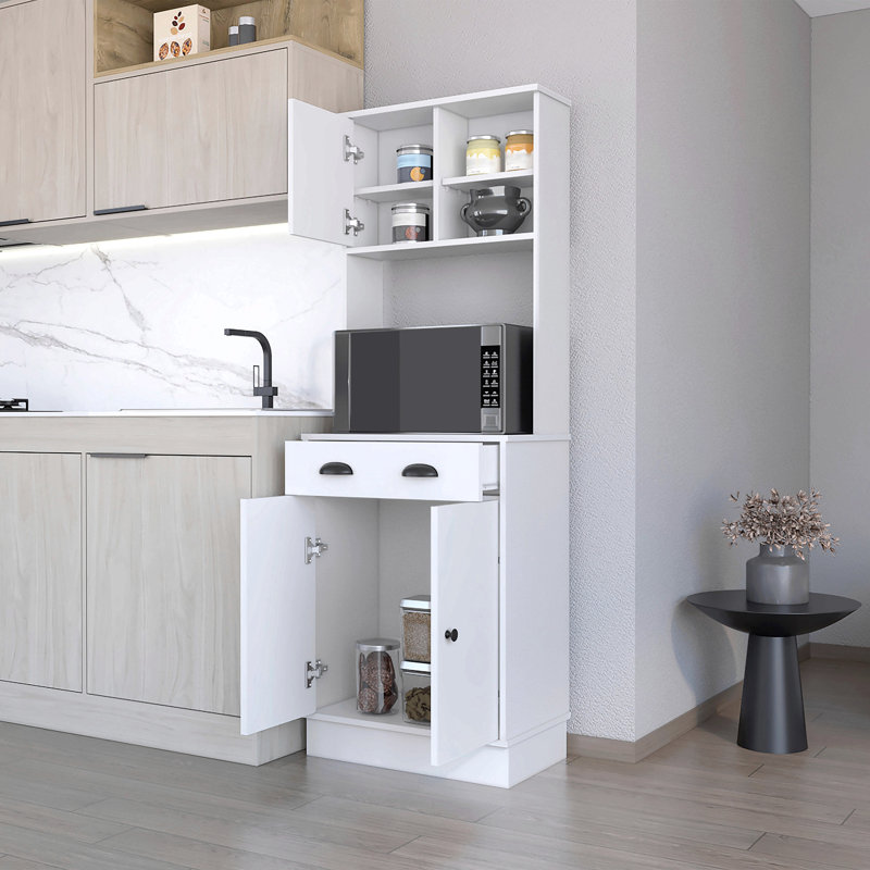 Armoire de cuisine à micro-ondes avec 3 portes, poignées et tiroir Powell, Blanc