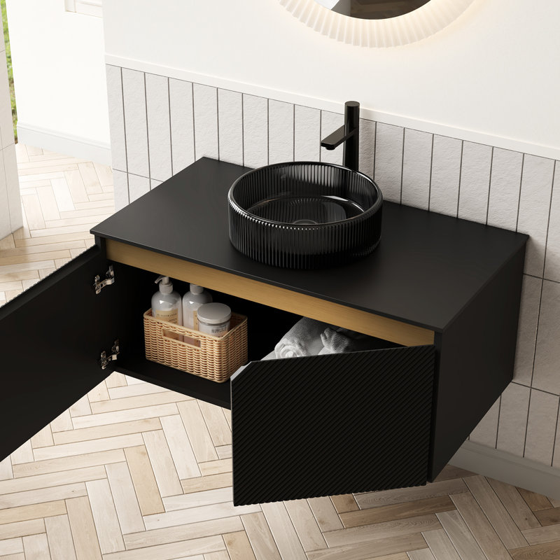 , Meuble-lavabo de 36 po, lavabo rond en verre noir transparent, portes doubles en sergé, garniture en métal, double plateau en contreplaqué en pierre frittée,