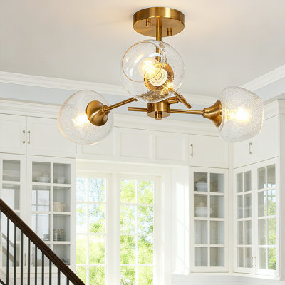 Contemporary Sputnik Ceiling Light 3-Light Semi-Flush Mount Light with Seeded Glass Shades