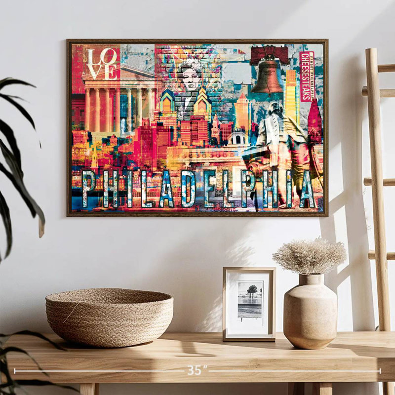 Monuments de Philadelphie, grunge, 13 po x 9 po, Cadre flottant doré