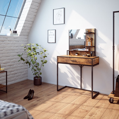 Fyrk Vintage Wood Dressing Table with Mirror