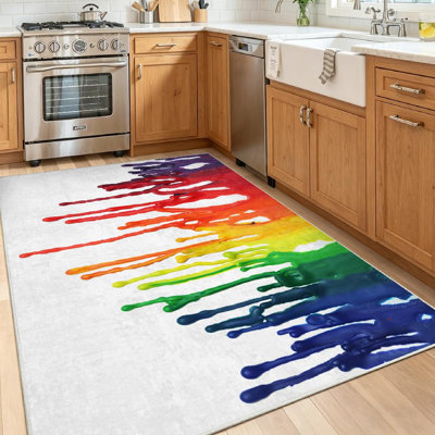 Blue Machine Washable,Color Rainbow Spill Abstract Art Artistic Bright Colorful Colour Indoor Area Rug