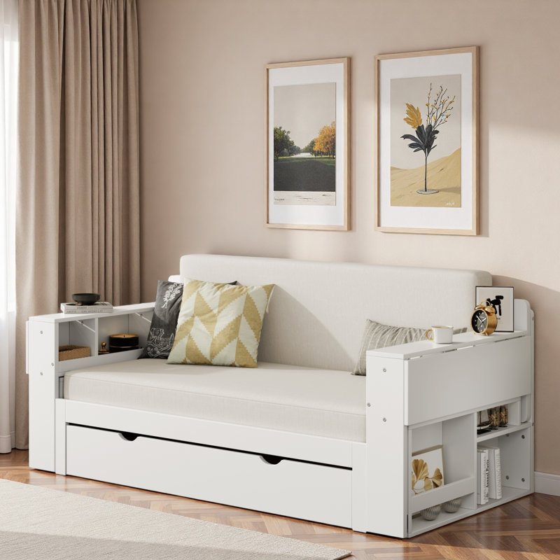 Lit de jour multifonctionnel avec tiroir de rangement, compartiments ouverts et table d'appoint hydraulique, Blanc