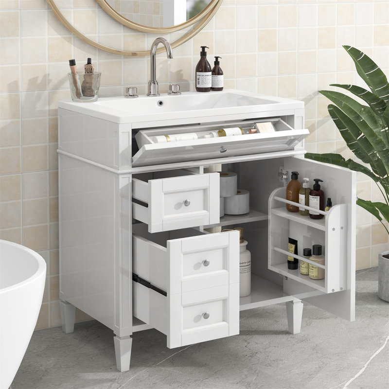 30'' Single Bathroom Vanity with Ceramic Top, Bathroom Storage Cabinet with a Tip-out Drawer, White