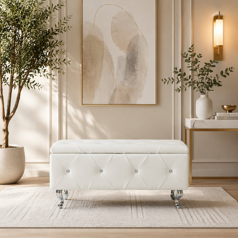 Banc de rangement capitonné en cuir reconstitué blanc avec décor en cristal