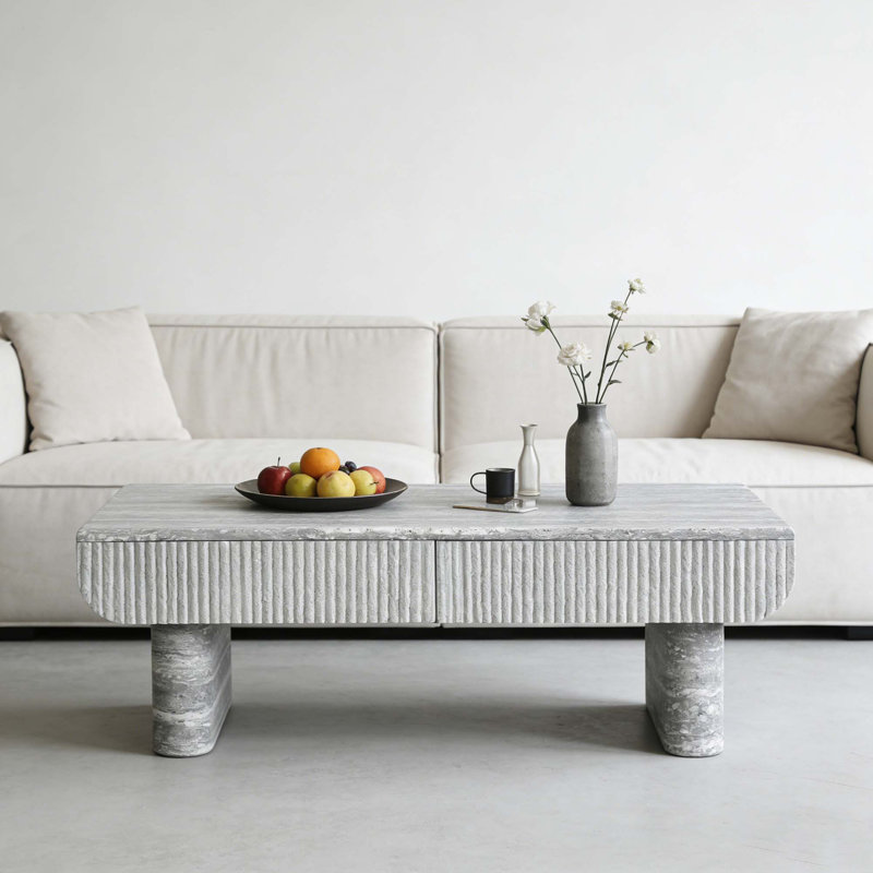 Table basse moderne Mid-Century avec tiroir cannelé et rangement caché