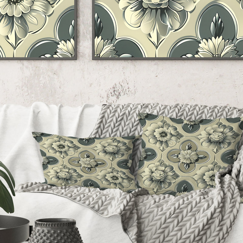Motif octogonal floral gris et beige - Coussin lombaire moderne