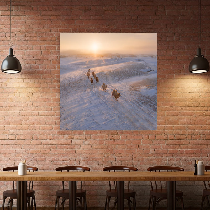 «Sunrise Desert Camels Abstract Contemporary Landscape Nature», reproduction d'art murale, 48" H x 48" W