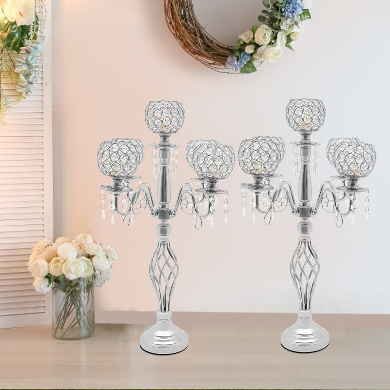 5 Arm Bowl Crystal Candelabra Table Centerpieces Decor, Silver